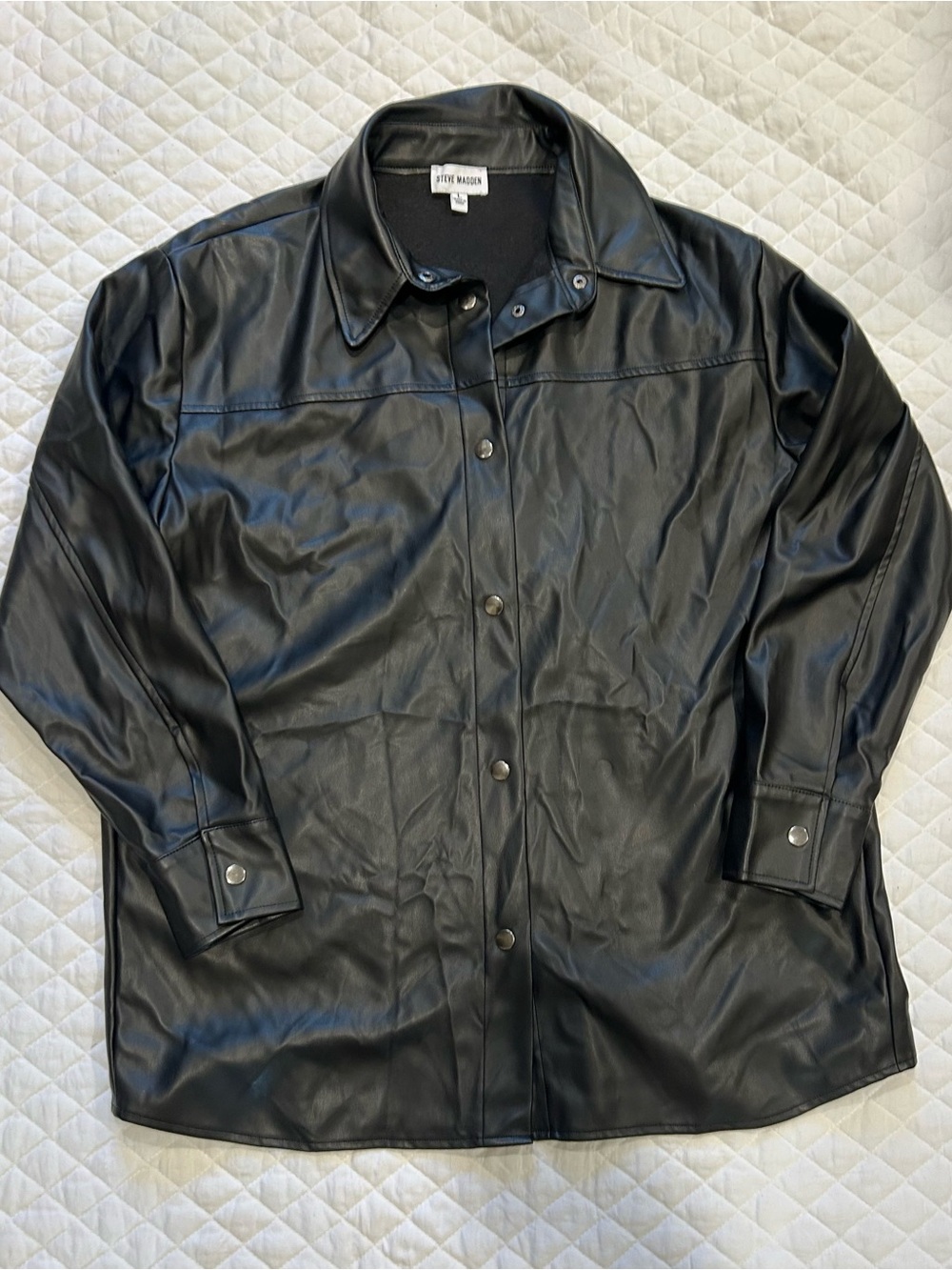 Steve Madden Black Faux Leather Snap-Front Shirt Jacket